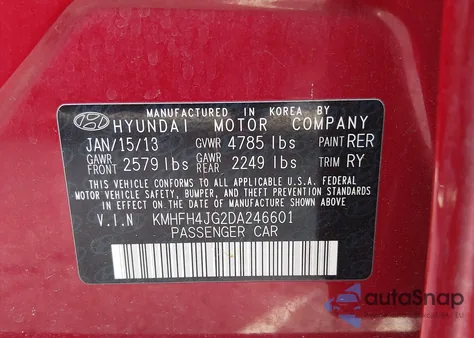 2013 Hyundai Azera из США, поврежденный, VIN KMHFH4JG2DA246601